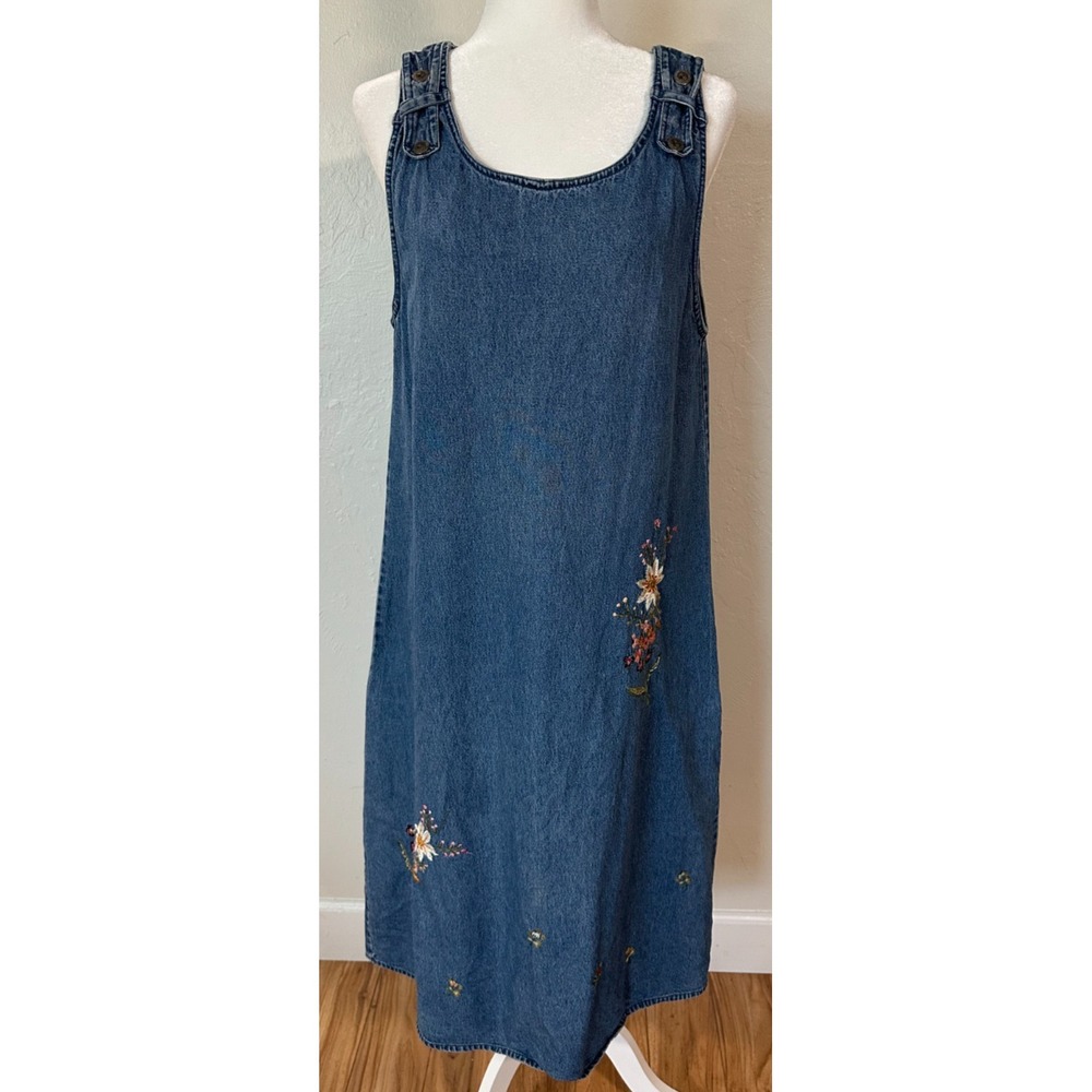 Vintage Petite Sophisticate Denim Floral Embroidered Dress Size L